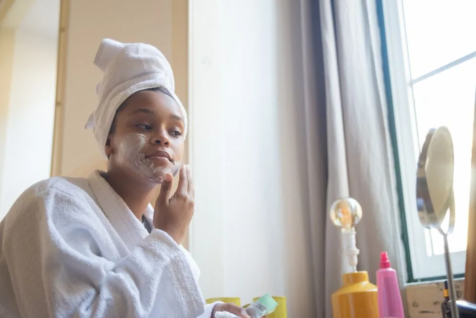 A woman in a bathrobe applying face cream, embodying a calm home spa skincare routine.