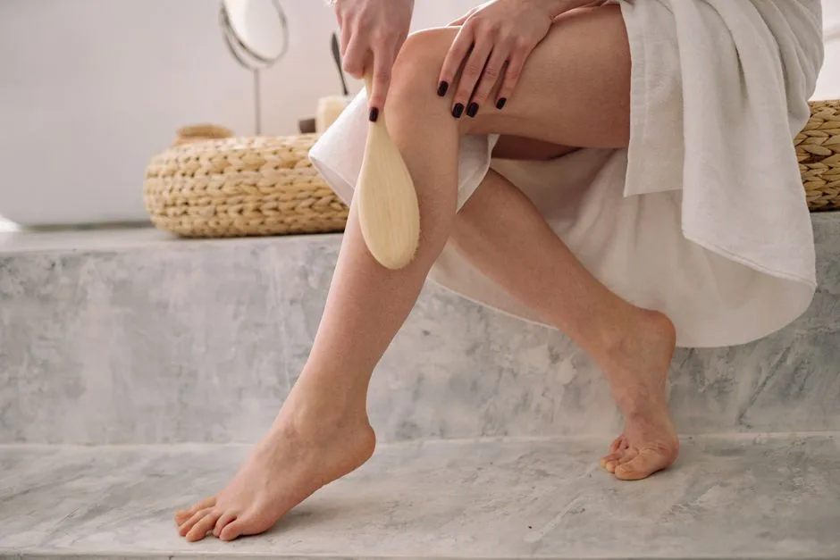 Woman dry brushing her legs in a serene bathroom setting promoting self-care and relaxation.